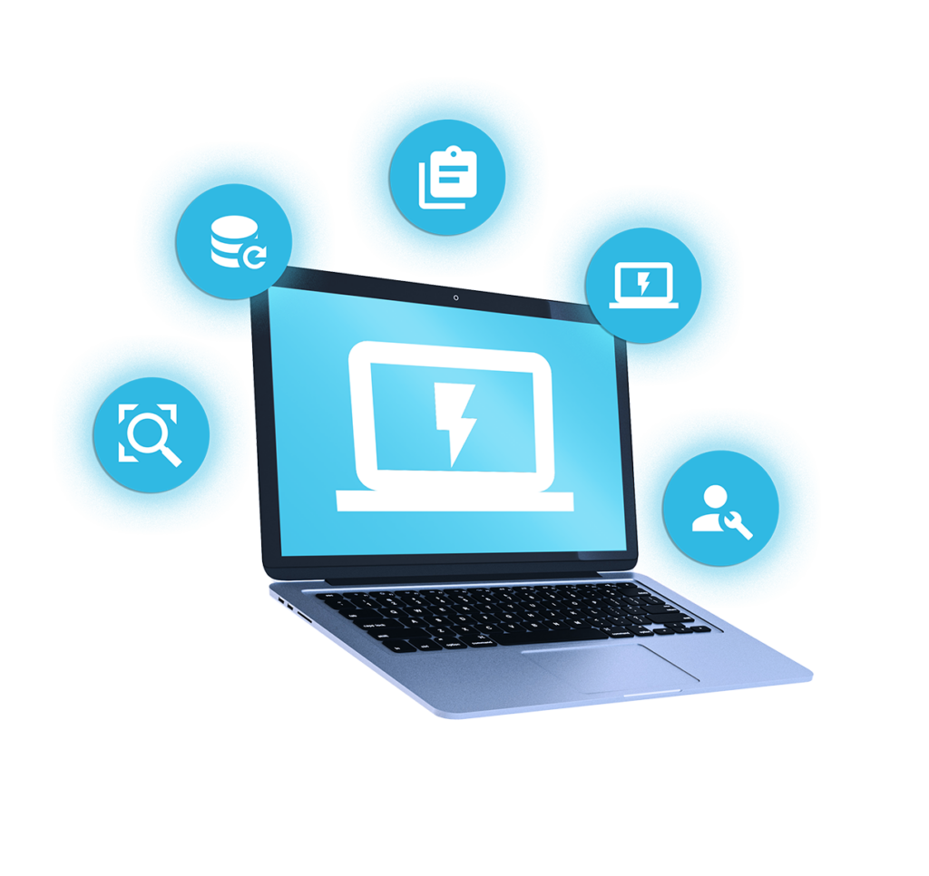 Laptop mit Notfallhilfe im Fokus - Angriffsanalayse, Datenwiederherstellung, Datensicherung, Angriffsbekämpfung und Betriebswiederherstellung kreisen um Laptop