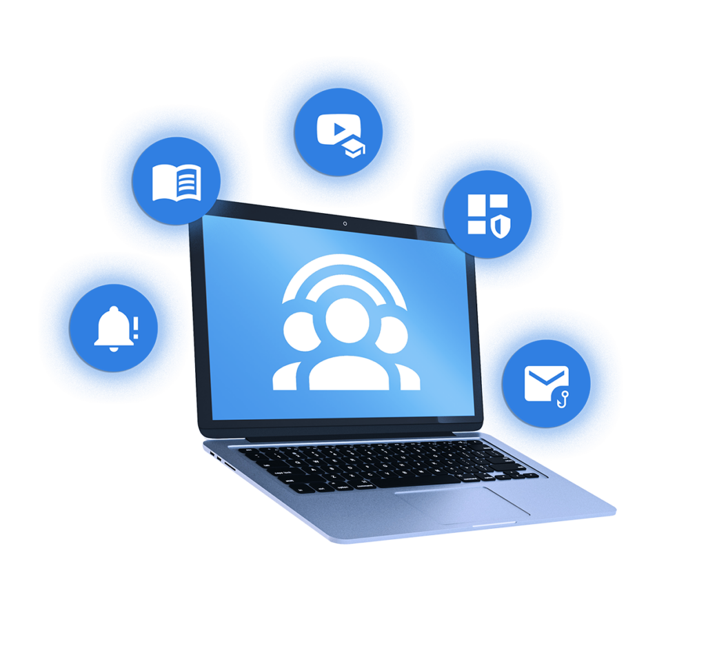 Laptop zeigt Cyberprävenmtion. Symbole für Online-Trainings, Phishing-Tests, Richtlinien, Alltagswerkzeuge und Cyberlexikon umkreisen Laptop