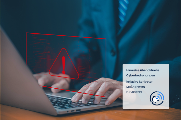 Laptop mit Signal eines Threat Alerts. Aktuelle Gefahrenwarnungen warnen Unternehmen vor konkreten Cyberbedrohungen