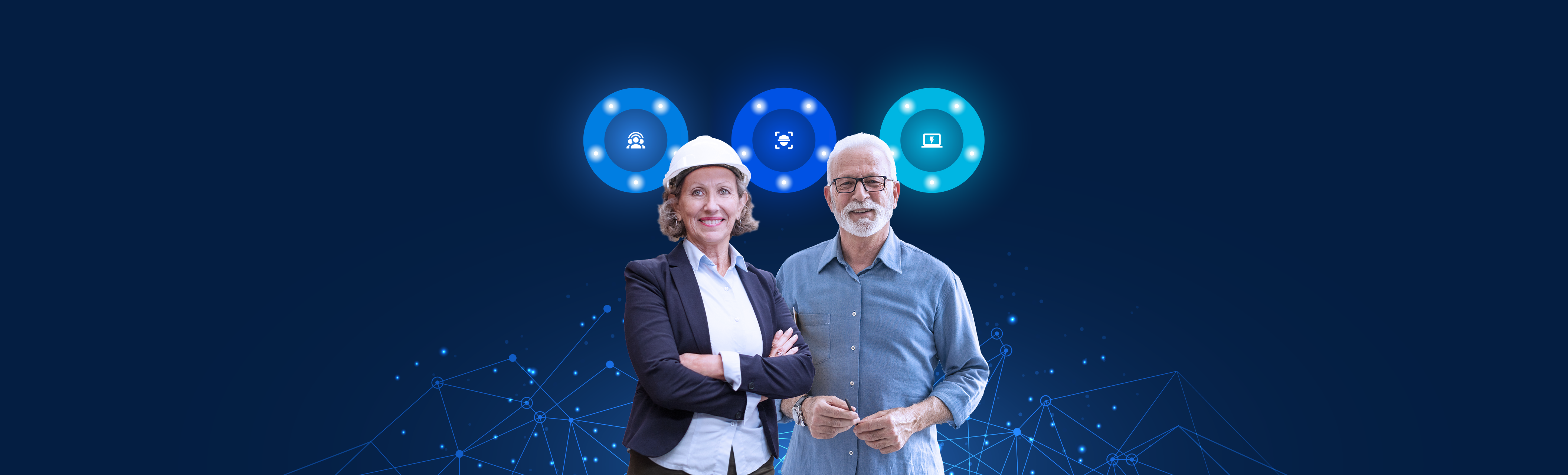 Geschäftsführer kleiner und mittelständischer Unternehmen stehen vor Symbolen, die Cyberprävention, cyberrisikobewertungen und eine Cybernotfallhilfe darstelllen für einen rundum Cyberschutz