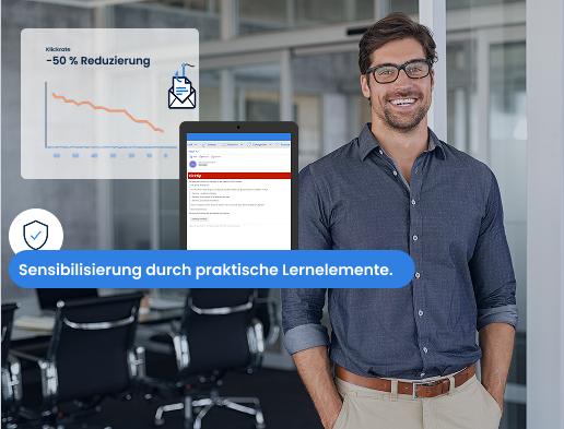 Mann trainiert sein team mit Phishing-Tests zur nachhaltigen Reduzierung von Cyberrisiken