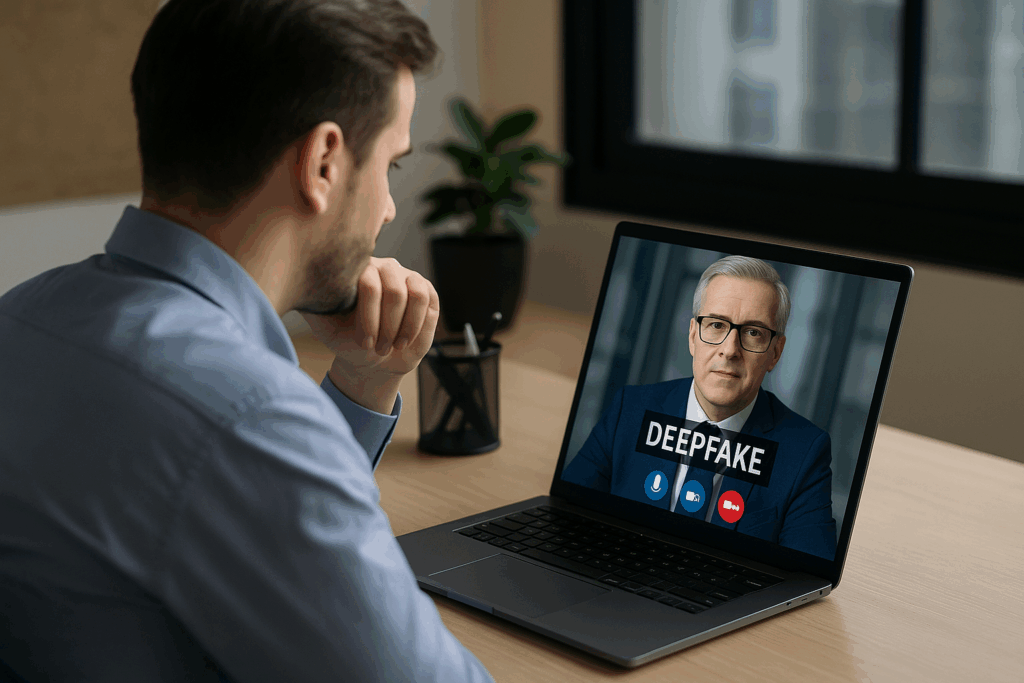 Man sitzt am Laptop und erhält einen Anruf seines Vorgesetzten. Auf dem Bildschirm steht das Wort Deepfake. Es handelt sich um einen Cyberangriff mit KI