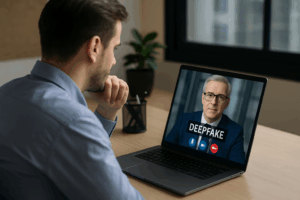 Man sitzt am Laptop und erhält einen Anruf seines Vorgesetzten. Auf dem Bildschirm steht das Wort Deepfake. Es handelt sich um einen Cyberangriff mit KI