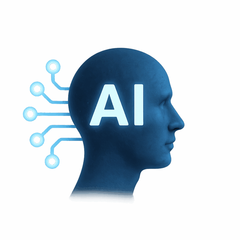 Illustration eines menschlichen Kopfes mit neuronalen Verbindungen, die Künstliche Intelligenz symbolisieren, mit großem Schriftzug ‚AI‘.