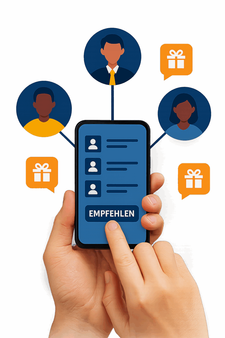 EIn Handy mit Kontakten. Um das handy sieht man verschiedene Köpfe. Außerdem sieht man Icons für Gutscheine.