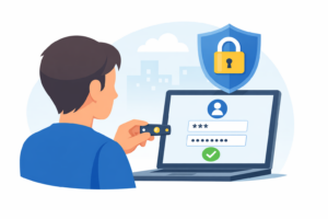 Illustration einer Person, die sich mit einem Sicherheitsschlüssel (YubiKey) an einem Laptop anmeldet; auf dem Bildschirm ist ein Login mit grünem Häkchen und Schloss-Symbol zu sehen.