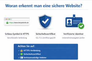 Infografik zeigt, wie man eine sichere Website erkennt: HTTPS in der Adresszeile, Schloss-Symbol, geprüftes Sicherheitszertifikat und verifizierte Anbieterangaben.