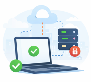 Illustration eines Laptops mit bestätigtem Zugriff, verbunden mit einem Server und einer Cloud; ein Schloss-Symbol zeigt eingeschränkten Zugriff.