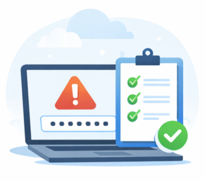 Illustration eines Laptops mit Warnsymbol und einer Checkliste mit Häkchen, die strukturierte Maßnahmen im Notfall darstellt.