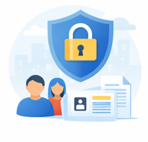 Illustration von Nutzerdaten mit Personen, Dokumenten und einem großen Schloss-Symbol als Schutz.