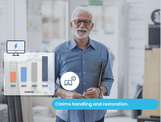 Man in focus with statistics of increasing damage incidents. Focus on claims processing and recovery
